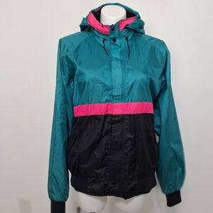 Vintage Outrageous Sports Blue Pink Y2K Retro Hooded Windbreaker Jacket Size 2XT